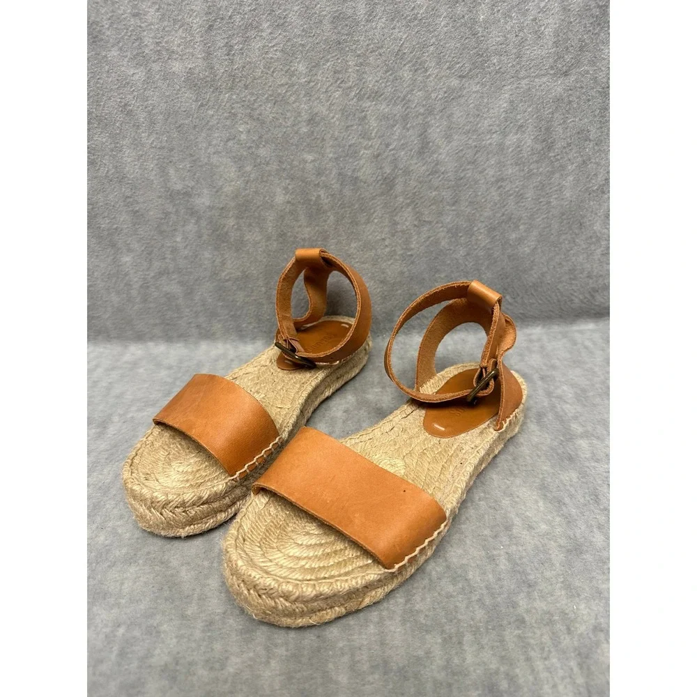 Soludos Espadrille Sandals‎ Tan Leather Ankle Strap Platform Jute Womens 5